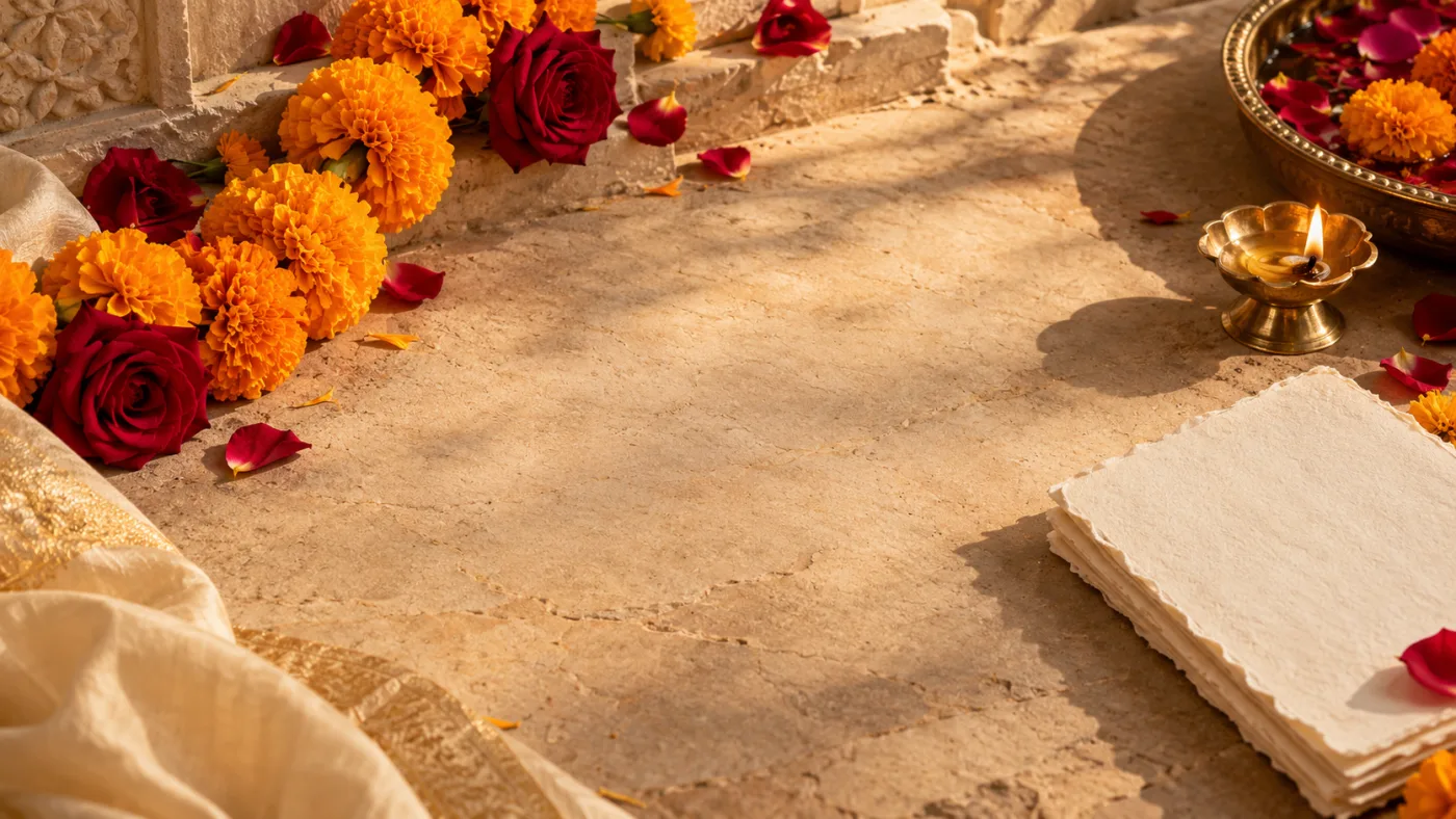 Marigolds, handmade paper and brass for a wedding invitation